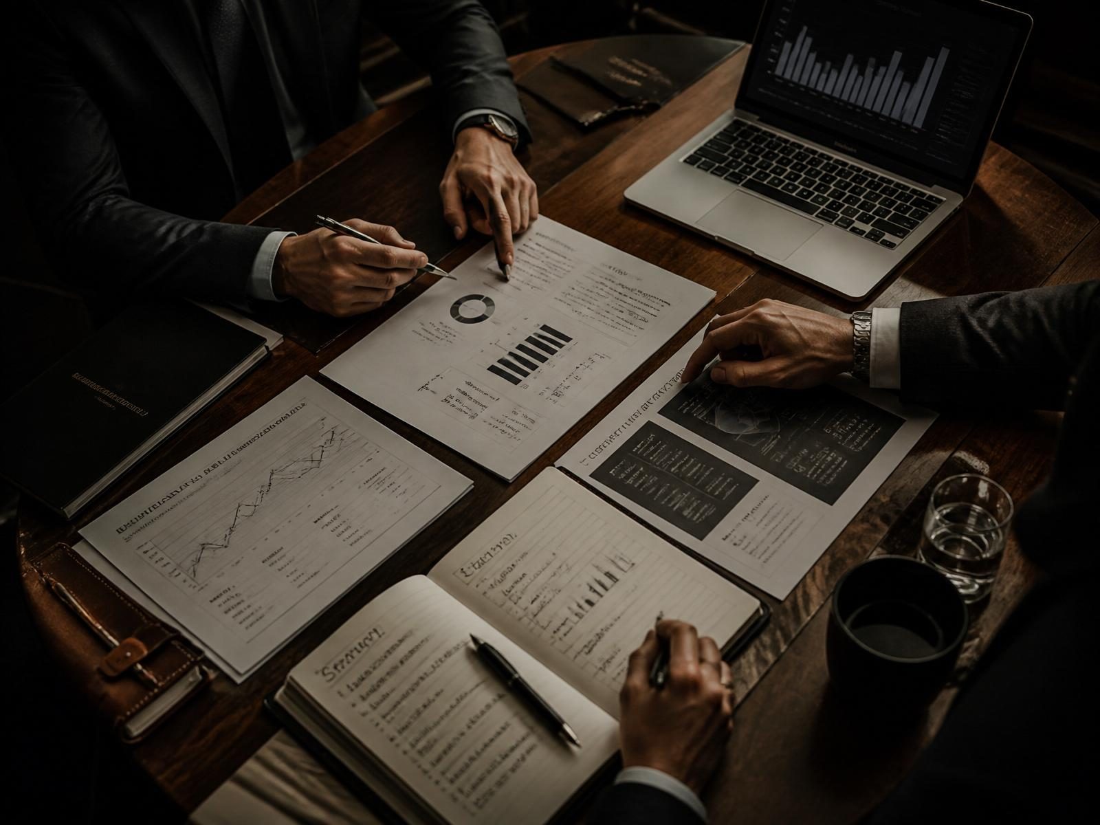 Mesa estratégica ejecutiva con documentos, gráficos y toma de decisiones